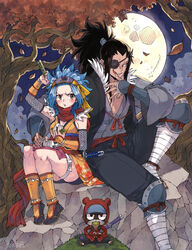  1boy :d :t armor bad_link bandaged_leg bandages black_hair black_pants blue_hair blush brown_eyes detached_sleeves eyepatch fairy_tail female floral_print food forest full_body full_moon gajeel_redfox grey_kimono grey_sleeves headband high_ponytail highres holding holding_food holding_sword holding_weapon japanese_clothes kimono leg_ribbon levy_mcgarden long_hair moon nature night nose_piercing onigiri open_mouth orange_kimono outdoors pantherlily pants piercing print_kimono red_ribbon ribbon rusky sheath short_kimono shoulder_armor sitting sleeveless sleeveless_kimono smile source_request sword thigh_ribbon tree unsheathing v-shaped_eyebrows weapon white_ribbon 