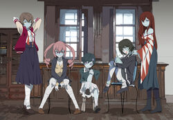  1boy 4girls akiha_rumiho amane_suzuha androgynous arms_behind_head bandaged_leg bandages bandaid bandaid_on_face between_legs black_pantyhose black_sailor_collar black_serafuku black_shirt black_skirt blue_eyes blue_skin brown_footwear brown_hair colored_skin commentary_request cosplay dress_shirt drill_hair floating_hair full_body green_eyes hair_ornament hand_between_legs hoshikawa_lily hoshikawa_lily_(cosplay) indoors japanese_clothes kimono konno_junko konno_junko_(cosplay) long_hair long_skirt long_sleeves looking_at_viewer looking_to_the_side makise_kurisu miniskirt mizuno_ai mizuno_ai_(cosplay) multiple_girls nikaidou_saki nikaidou_saki_(cosplay) off_shoulder otoko_no_ko pantyhose pink_hair pleated_skirt purple_eyes sailor_collar school_uniform serafuku shiina_mayuri shirt short_hair sitting skirt skull_hair_ornament smile socks steins;gate twin_drills twintails unbuttoned unbuttoned_shirt urushibara_ruka washu_junkyu white_legwear white_shirt white_skirt wide_sleeves wooden_floor yellow_eyes yuugiri_(zombie_land_saga) yuugiri_(zombie_land_saga)_(cosplay) zombie zombie_land_saga 