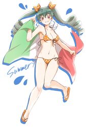  anchovy_(girls_und_panzer) artist_name bikini breasts cleavage commentary drill_hair english_text female flag_print front-tie_bikini_top front-tie_top full_body girls_und_panzer grin hair_ribbon highres holding holding_towel italian_flag leg_up long_hair looking_at_viewer medium_breasts navel orange_bikini orange_ribbon parda_siko polka_dot polka_dot_bikini polka_dot_ribbon print_towel red_eyes ribbon sandals side-tie_bikini_bottom signature silhouette smile solo standing standing_on_one_leg swimsuit thigh_gap towel twin_drills twintails water_drop white_background 