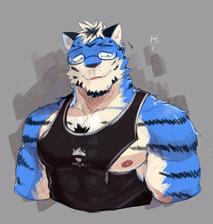  2017 anthro beard biceps black_body black_fur black_hair black_stripes blue_body blue_fur chest_tuft clothed clothing english_text eyewear facial_hair felid fur glasses grey_background hair half-length_portrait luwei_(artist) male mammal meme meme_clothing multicolored_body multicolored_fur multicolored_hair muscular muscular_anthro muscular_male nipple_zipper nipples pantherine portrait shirt simple_background solo striped_body striped_fur stripes tank_top text tiger top_tank_meme topwear tuft two_tone_hair white_body white_fur white_hair zipper 