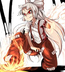  baggy_pants bamboo bare_arms blood blood_on_clothes bow bright_pupils collarbone collared_shirt commentary epic_armageddon female fire floating_hair fujiwara_no_mokou full_body grey_hair grin hairbow highres injury long_hair looking_afar missing_limb ofuda on_one_knee pants red_eyes red_pants shirt short_sleeves sidelocks smile solo suspenders torn_clothes torn_sleeves touhou v-shaped_eyebrows very_long_hair white_bow white_pupils white_shirt 