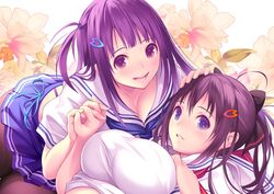  2girls black_hair blush hand_holding interlocked_fingers kagurazaka_ranka kagurazaka_rinka long_hair multiple_girls official_art pink_background purple_hair smile valkyrie_drive valkyrie_drive_-bhikkhuni- yuri 