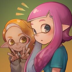  2girls double_v female gradient gradient_background inkling kiitos multiple_girls nintendo orange_hair pink_hair pointy_ears smile splatoon tentacle_hair v 