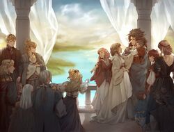  6+boys 6+girls azura_(fire_emblem) baby back blonde_hair blue_hair blurry blurry_background brown_hair camilla_(fire_emblem) column commentary corrin_(female)_(fire_emblem) corrin_(fire_emblem) curtains dress dwyer_(fire_emblem) elise_(fire_emblem) family fire_emblem fire_emblem_fates from_behind goldtectonic highres hinata_(fire_emblem) hinoka_(fire_emblem) hisame_(fire_emblem) jakob_(fire_emblem) japanese_clothes kimono lake leo_(fire_emblem_fates) mother_and_son multiple_boys multiple_girls nyx_(fire_emblem) outstretched_arm outstretched_arms pillar pink_hair pregnant railing red_hair robe ryoma_(fire_emblem) sakura_(fire_emblem) shigure_(fire_emblem) shiro_(fire_emblem) siblings smile takumi_(fire_emblem) tiara xander_(fire_emblem) 