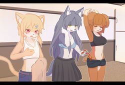  2017 5_fingers anthro big_breasts black_bars black_bottomwear black_clothing black_skirt blonde_hair bottomwear breast_envy breasts brown_body brown_fur brown_hair canid canine closed_eyes clothing eyewear felid feline female fingers fox fur glasses grey_body grey_fur grey_hair group hair kakuteki11029 kemono letterbox long_hair mammal open_mouth raised_arm red_eyes red_eyewear red_glasses skirt small_breasts smile standing trio yellow_body yellow_eyes yellow_fur 