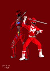  2boys absurdres armor bodysuit commentary_request fighting_stance gloves helmet highres holding holding_sword holding_weapon jason_lee_scott kyouken_katou kyouryuu_sentai_zyuranger mighty_morphin_power_rangers multiple_boys muscular pose power_armor power_rangers power_rangers_(movie) red_background red_bodysuit red_ranger spandex super_sentai sword tokusatsu tyrannoranger weapon yamato_zoku_prince_geki 