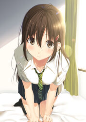  all_fours black_socks blue_skirt blush brown_eyes brown_hair commentary_request curtains female green_necktie hair_between_eyes highres indoors kukiha long_hair looking_at_viewer necktie no_shoes on_bed original pleated_skirt school_uniform short_sleeves skirt socks solo striped striped_necktie uniform 