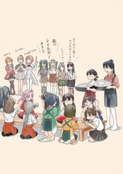  &gt;_&lt; 6+girls :d ahoge akagi_(kancolle) aquila_(kancolle) ark_royal_(kancolle) black_hair black_pantyhose black_shirt black_skirt black_thighhighs blouse blue_hair blue_ribbon blunt_bangs bob_cut boots bowl brown_hair brown_legwear brown_skirt can chitose_(kancolle) chiyoda_(kancolle) chopsticks commentary corset dougi dress_shirt dual_wielding eating english_text folded_ponytail food fork from_behind garter_straps green_hair green_ribbons grey_hair grey_neckerchief hair_ribbon hairband hakama hakama_short_skirt hakama_skirt headband high_ponytail highres hiryuu_(kancolle) hiyou_(kancolle) holding holding_bowl holding_can holding_chopsticks holding_food holding_fork holding_spring_onion holding_vegetable houshou_(kancolle) intrepid_(kancolle) italian_text japanese_clothes jun&#039;you_(kancolle) kaga_(kancolle) kantai_collection kasuga_maru_(kancolle) katsuragi_(kancolle) kimono light_brown_hair long_hair long_sleeves magatama miniskirt multiple_girls nantoka_maru neck_ribbon neckerchief no_shoes noodles one_side_up open_mouth orange_hair overskirt pantyhose pink_background pleated_skirt ponytail purple_hair red_hair red_hairband red_hakama red_ribbon red_shirt red_skirt remodel_(kantai_collection) ribbon romaji_text ryuujou_(kancolle) seiza shirt short_hair short_sleeves shorts shouhou_(kancolle) shoukaku_(kancolle) simple_background sitting skirt smile socks soumen souryuu_(kancolle) spiked_hair spring_onion suspenders table tasuki thigh_boots thighhighs tiara translated twintails vegetable wavy_hair white_hair white_legwear white_ribbon white_shirt white_shorts white_skirt yellow_background zuihou_(kancolle) zuikaku_(kancolle) |_| 