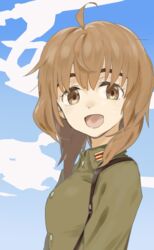  ahoge brown_eyes brown_hair buttons cloud commentary_request female homare_(homaredai) inufusa_yuno looking_at_viewer military military_uniform open_mouth short_hair smile solo uniform upper_body world_witches_series 