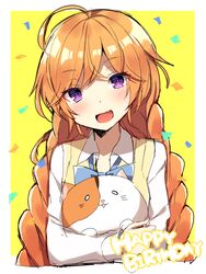  :d ahoge blue_bow blush bow braid collared_shirt commentary_request female girlfriend_(kari) hair_between_eyes happy_birthday head_tilt hugging_object komomo_(ptkrx) long_hair long_sleeves looking_at_viewer low_twintails oerba_yun_fang open_mouth orange_hair purple_eyes school_uniform shirt skin_fang smile solo stuffed_animal stuffed_cat stuffed_toy suzukawa_rino sweater_vest twin_braids twintails two-tone_background upper_body very_long_hair white_background white_shirt yellow_background 