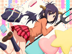  arrow_background bag black_socks brown_footwear cardigan cellphone checkered_background commentary_request cushion demon_girl demon_horns demon_wings earphones earphones_removed female floating gabriel_dropout hair_ornament hairclip heart highres holding holding_weapon horns ishida_seito loafers long_sleeves looking_at_viewer looking_back notebook panda paper pen pencil_case phone photoshop_(medium) plaid plaid_skirt pleated_skirt polearm purple_eyes purple_hair revision school_bag school_uniform shoes skirt smartphone smile socks solo star_(symbol) topknot trident vignette_tsukinose_april weapon wings x_hair_ornament zipper 