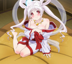  albino anime_screenshot barefoot blush breasts cleavage female looking_at_viewer red_eyes soles solo stitched third-party_edit triangular_headpiece twintails white_hair yunohana_yuuna yuragisou_no_yuuna-san 