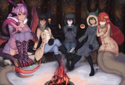  5girls absurdres animal_hands anubis_(monster_girl_encyclopedia) artist_name black_footwear black_hair blush boots breasts breath campfire claws cleavage coat cold colored_sclera commentary commission crossed_legs crossover cup cyclops dark-skinned_female dark_skin ears_through_headwear english_commentary extra_eyes fang_out food forest fur_collar gazer_(monster_girl_encyclopedia) green_eyes green_hair hair_between_eyes hair_ornament hairclip highres hood hood_up hooded_jacket horns hugging_own_legs jabberwock_(monster_girl_encyclopedia) jacket jewelry knee_boots lamia log long_hair long_sleeves looking_at_another looking_at_viewer looking_away marshmallow meolucky147 miia_(monster_musume) monster_girl monster_girl_encyclopedia monster_musume_no_iru_nichijou multiple_girls nature night oerba_yun_fang one-eyed open_clothes open_coat orange_eyes outdoors panties pants parted_lips pointy_ears purple_hair red_eyes red_hair scarf sitting slit_pupils snow sweater tail tentacle tree tree_stump underwear very_long_hair winter winter_clothes yellow_eyes yellow_sclera 