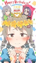  2018 3girls :d animal_hood belt belt_buckle birthday_cake black_belt black_shirt blue_shirt blush bow braid brown_eyes brown_hair buckle cake candle chains character_name closed_mouth commentary crescent eyepatch fingernails fingers_together flower food gomennasai green_shirt grey_hair hair_between_eyes hair_flower hair_ornament hairbow hands_up happy_birthday hayasaka_mirei heart hood hood_up hoshi_syoko idolmaster idolmaster_cinderella_girls index_fingers_together individuals_(idolmaster) jacket layered_sleeves long_hair long_sleeves looking_at_viewer mini_person minigirl morikubo_nono multiple_girls oerba_yun_fang on_head open_mouth pink_bow puffy_sleeves purple_hair red_jacket ringlets shirt short_over_long_sleeves short_sleeves side_braid single_braid smile wide_sleeves yellow_flower 