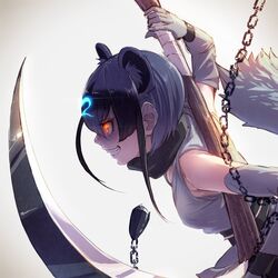  breasts commentary_request elbow_gloves female gloves glowing glowing_eye grey_gloves grin highres holding holding_weapon kamaji_(kemono_friends) kemono_friends kusarigama looking_away medium_breasts parted_lips sickle smile solo takami_masahiro teeth upper_body weapon 