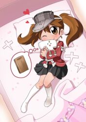  bed blanket brown_eyes brown_hair coffgirl commentary commission cutting_board female flat_chest_joke heart highres hugging_object japanese_clothes kantai_collection kariginu one_eye_closed pillow pillow_hug ryuujou_(kancolle) shikigami skirt thought_bubble twintails white_legwear 