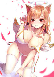  amahara_pekozaemon angel animal_ears bikini bikini_pull blush breasts brown_eyes brown_hair cleavage clothes_pull commentary_request female halo hand_up highres kneeling large_breasts long_hair looking_at_viewer navel parted_lips petals shadowverse smile solo swimsuit thighhighs untied_bikini wet white_thighhighs wings 