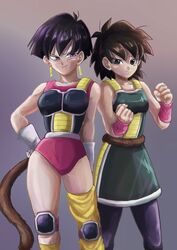  2girls arm_at_side armor bare_arms bare_shoulders black_hair clenched_hands commentary_request dragon_ball dragon_ball_super dragon_ball_super_broly dragon_ball_z fingernails frown gine gloves gradient_background grey_background hand_on_own_hip highres leotard looking_at_viewer looking_away monkey_tail multiple_girls pantyhose pink_background saiyan_armor saza_(gogo77_bb) seripa short_hair simple_background single_thighhigh smile standing tail thighhighs thighs v-shaped_eyebrows very_short_hair white_gloves wristband yellow_legwear 