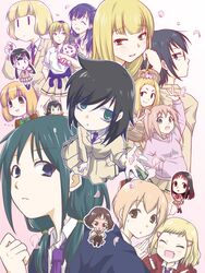  6+girls :d ^_^ bad_id bad_pixiv_id bags_under_eyes bangs_pinned_back black_hair blazer blonde_hair bow bowtie brown_eyes brown_hair charm_(object) chibi clenched_hand closed_eyes clothes_around_waist collared_shirt commentary everyone flying_sweatdrops freckles glasses green_bow green_eyes green_neckwear hair_ornament hair_scrunchie hairclip hand_in_pocket highres hikaru_(ofuton_at5) hirasawa_shizuku holding holding_stuffed_toy hood hoodie iguchi_akari imae_megumi itou_hikari jacket katou_asuka komiyama_kotomi kuroki_tomoko long_hair low_twintails minami_koharu multiple_girls naruse_yuu necktie nemoto_hina oerba_yun_fang okada_akane open_mouth outstretched_hand petals pink_hair pink_hoodie pink_scrunchie pleated_skirt profile purple_bow purple_eyes purple_hair purple_necktie satozaki_kiko school_uniform scrunchie shirt short_hair skirt sleeves_pushed_up smile stuffed_animal stuffed_toy sweatdrop sweater sweater_around_waist tamura_yuri tanaka_mako twintails two_side_up uchi_emiri w watashi_ga_motenai_no_wa_dou_kangaetemo_omaera_ga_warui! x_hair_ornament yoshida_masaki |_| 