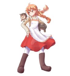  100_percent_orange_juice apron aviator_cap boots braid brown_eyes brown_hair dress female flying_red_barrel highres kelsuis long_hair long_sleeves marc_(red_barrel) open_mouth pantyhose pig 