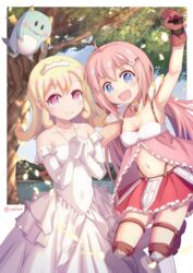  2girls :d bad_id bad_pixiv_id blonde_hair blue_eyes blush breasts chibi_dragon cleavage commentary_request covered_navel crown dress elbow_gloves endro! eyebrows gloves hair_ornament hairclip light_rays long_hair medium_hair midriff multiple_girls navel open_mouth outdoors own_hands_clasped own_hands_together pink_hair purple_eyes rona_pricipa_o_rabanesta sky small_breasts smile tree twitter_username white_gloves yuria_shardet yusshii 