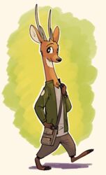  2019 anthro antlers bag barefoot biped cc-by-nc cheek_tuft clothed clothing creative_commons deer facial_tuft feet fuel_(artist) green_background head_tuft hi_res horn looking_at_viewer male mammal micah_(fuel) simple_background smile solo tuft walking white_background wristband 