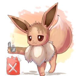  1:1 2019 3_toes abstract_background all_fours ambiguous_gender bad_idea brown_body brown_eyes brown_fur chest_tuft dangerous dipstick_tail ears_up eevee feet feral fire fluffy fluffy_ears fluffy_tail fur gasoline generation_1_pokemon hi_res humor imminent_death lighter long_ears markings multicolored_tail nintendo plattyneko pokemon pokemon_(species) smug snout solo tail tail_markings toes tuft white_body white_fur 