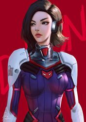  2018 bad_id bad_twitter_id bodysuit breasts brown_hair character_name commentary d.mon_(overwatch) eyelashes female flipped_hair headphones highres lips medium_breasts medium_hair nose overwatch overwatch_1 pilot_suit raikoart red_background ribbed_bodysuit science_fiction shoulder_pads signature skin_tight solo 