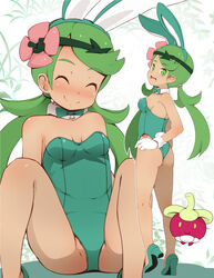  :d ^_^ animal_ears armpit_crease ass bare_legs bare_shoulders blush body_blush bounsweet bow bowtie breasts cleavage closed_eyes closed_mouth collar commentary_request dark-skinned_female dark_skin detached_collar female flower garoudo_(kadouhan&#039;i) gloves green_bow green_bowtie green_eyes green_footwear green_hair green_hairband hair_flower hair_ornament hairband high_heels long_hair mallow_(pokemon) medium_breasts multiple_views open_mouth playboy_bunny pokemon pokemon_(creature) pokemon_sm rabbit_ears round_teeth sitting smile standing teeth tongue twintails upper_teeth_only white_collar white_gloves 