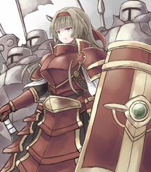  3boys aoiyamagi4 armor armored_dress bad_id bad_pixiv_id brown_eyes brown_hair commentary_request female flag gauntlets hairband helmet holding holding_shield long_hair looking_afar multiple_boys polearm rean_(sennen_sensou_aigis) red_armor red_hairband sennen_sensou_aigis shield spear standing weapon 