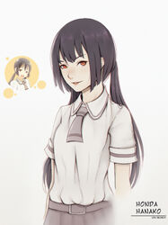  absurdres alternate_hairstyle artist_name asobi_asobase belt black_hair blush breasts character_name collared_shirt commentary_request female grey_skirt highres honda_hanako lips liya_nikorov long_hair looking_at_viewer low_twintails parted_lips photoshop_(medium) red_eyes school_uniform shirt short_sleeves skirt small_breasts smile solo twintails upper_body white_shirt 