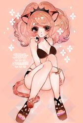  animal_ears bad_id bad_pixiv_id bare_legs big_hair bikini black_bikini blonde_hair blush bracelet breasts cheetah_girl citti_(show_by_rock!!) closed_mouth embarrassed female fingernails heart jewelry lion_ears lion_tail looking_at_viewer mamaloni medium_breasts nail_polish pink_nails ponytail red_eyes show_by_rock!! sitting skindentation solo sweatdrop swimsuit tail toenail_polish toenails 