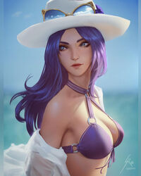  animal-themed_eyewear bikini blurry blurry_background breasts caitlyn_(league_of_legends) cleavage closed_mouth commentary day eyewear_on_headwear female from_side front-tie_bikini_top front-tie_top hat highres large_breasts league_of_legends lips long_hair looking_away looking_to_the_side o-ring o-ring_bikini off_shoulder open_clothes open_shirt pool_party_(league_of_legends) pool_party_caitlyn purple_eyes purple_hair raikoart sideways_glance signature solo sun_hat sunglasses swimsuit upper_body watermark wind 