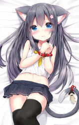  animal_ear_fluff animal_ears bare_arms bare_shoulders bed_sheet belt belt_buckle black_hair black_sailor_collar black_skirt black_thighhighs blue_eyes blush bondage bondage bound bound_wrists buckle cat_ears cat_girl cat_tail commentary crop_top female flower hair_between_eyes hair_flower hair_ornament hands_up head_tilt higero_(wataten) highres kemonomimi_mode kouda_suzu long_hair lying midriff neckerchief on_back own_hands_together parted_lips pink_flower pleated_skirt red_belt red_ribbon restrained ribbon sailor_collar shirosaki_hana shirt skirt sleeveless sleeveless_shirt solo tail tail_ornament tail_ribbon thighhighs very_long_hair watashi_ni_tenshi_ga_maiorita! white_shirt yellow_neckerchief 