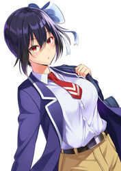  belt blue_hair blue_jacket blue_ribbon blush bonyari_high_school_uniform breasts collared_shirt commentary_request dress_shirt dutch_angle female hair_ribbon huyumitsu jacket large_breasts long_sleeves looking_at_viewer necktie nisekoi open_clothes open_jacket pants parted_lips photoshop_(medium) red_eyes red_necktie ribbon school_uniform shirt shirt_tucked_in short_hair short_necktie simple_background solo standing tsugumi_seishirou uniform upper_body weapon white_background white_shirt 