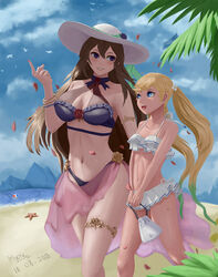  2girls :d armlet artist_name ball beach beachball bikini bird blonde_hair blue_eyes blush breasts brown_hair cloud commentary dated day flower frilled_bikini frills granblue_fantasy green_hair hair_between_eyes hair_flower hair_ornament hat height_difference highres holding io_(granblue_fantasy) io_(summer)_(granblue_fantasy) long_hair looking_at_another medium_breasts multicolored_hair multiple_girls navel official_alternate_costume open_mouth outdoors parted_lips petals photoshop_(medium) pointing pointing_up poo_kai_jun pouch purple_eyes rosetta_(granblue_fantasy) rosetta_(summer)_(granblue_fantasy) sarong sky smile starfish swimsuit thighlet twintails very_long_hair walking white_bikini white_hat 