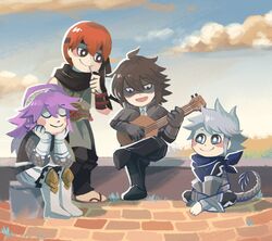  2boys 2girls asugi_(fire_emblem) boots brown_hair chibi commentary_request dragon_tail dwyer_(fire_emblem) fire_emblem fire_emblem_fates gambeson grin guitar happycricketbox headband highres instrument kana_(fire_emblem) multiple_boys multiple_girls music pink_hair playing_instrument red_hair scarf singing sitting smile soleil_(fire_emblem) tail white_hair 