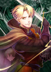  2boys blonde_hair brown_cape brown_eyes brown_gloves cape commentary_request day dylan_the_island_king ethan_the_exiled_hero facial_hair forest gloves holding holding_sword holding_weapon looking_at_viewer male_focus mizuki_apple multiple_boys nature outdoors pixiv_fantasia pixiv_fantasia_last_saga profile smirk stubble sword upper_body weapon 