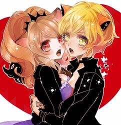  2girls animal_ears asymmetrical_docking bad_id bad_pixiv_id big_hair black_choker black_jacket blonde_hair blush breast_press breasts brown_hair cheetah_girl choker citti_(show_by_rock!!) cleavage dress fangs from_side heart hug jacket laina_(show_by_rock!!) leather leather_jacket lion_ears lion_girl looking_at_viewer looking_to_the_side mamaloni medium_breasts multiple_girls open_clothes open_jacket open_mouth ponytail purple_dress red_eyes short_sleeves show_by_rock!! slit_pupils yellow_eyes yuri 