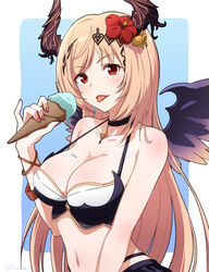  bare_shoulders blush breasts brown_hair choker cleavage collarbone commentary_request dark_angel_olivia female flower food futami_(mg42fw190d) granblue_fantasy hair_flower hair_ornament highres ice_cream ice_cream_cone large_breasts long_hair looking_at_viewer nail_polish olivia_(summer)_(granblue_fantasy) parted_lips pink_nails red_eyes smile solo swimsuit tongue tongue_out twitter_username upper_body very_long_hair wings 