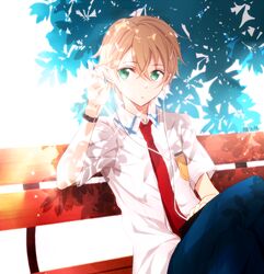  1boy bench blonde_hair blue_leaf blue_legwear commentary day earbuds earphones eugeo green_eyes hair_ornament hairclip leaf male_focus necktie open_mouth outdoors pants red_necktie school_uniform shadow shirt short_hair short_sleeves signature sitting solo sunlight sword_art_online symbol-only_commentary translated tsukimori_usako watch white_shirt wristwatch 