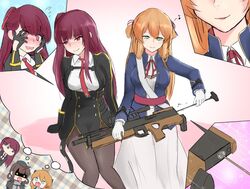  3girls arm_support blood blush breasts brown_hair bullpup cleaning cleaning_gun cleaning_weapon closed_mouth commentary dress dsr-50_(girls&#039;_frontline) flying_sweatdrops girls&#039;_frontline gloves green_eyes gun hadoukirby hair_between_eyes hands_on_own_face holding holding_weapon humming long_hair multiple_girls musical_note necktie nose_blush nosebleed pantyhose purple_hair rifle sexually_suggestive skirt smile sniper_rifle springfield_(girls&#039;_frontline) thought_bubble wa2000_(girls&#039;_frontline) walther walther_wa_2000 weapon white_skirt 