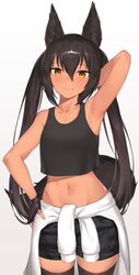  :3 animal_ears arm_behind_head arm_up armpits bare_arms bare_shoulders black_gloves black_hair black_shirt black_shorts black_thighhighs blush brown_eyes clothes_around_waist collarbone cowboy_shot crop_top crop_top_overhang dark-skinned_female dark_skin female fingerless_gloves fox_ears fox_tail gloves gradient_background groin hair_between_eyes hand_on_own_hip jacket jacket_around_waist long_hair long_sleeves looking_at_viewer mathew_(srmmk_mce) midriff navel original shirt short_shorts shorts sidelocks smile solo standing stomach tail tank_top thighhighs twintails white_jacket 