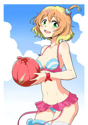  ball bare_arms bare_shoulders bikini bikini_skirt blue_sky breasts cleavage cloud collarbone commentary_request cowboy_shot day female freyja_wion green_eyes groin hair_ornament heart heart_hair_ornament highres holding kyo9999 looking_at_viewer macross macross_delta medium_breasts multicolored_bikini multicolored_clothes multicolored_hair multicolored_swimsuit navel open_mouth scrunchie short_hair side_ponytail sky solo standing swimsuit teeth thighs two-tone_background two-tone_hair upper_teeth_only 