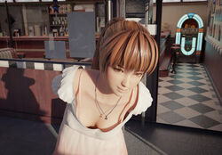  3d arms_behind_back breasts brown_eyes brown_hair cafe casual casual_clothes cleavage dead_or_alive dead_or_alive_5 downblouse dress female highres indoors jewelry jukebox kasumi_(doa) large_breasts leaning_forward looking_at_viewer loose_clothes matching_hair/eyes necklace no_bra nodern03 one_piece_dress ponytail shadow smile solo standing tied_hair white_dress 