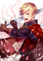  1boy artist_name belt blonde_hair blue_eyes brown_eyes brown_gloves cape commentary_request dated dylan_the_island_king ethan_the_exiled_hero gloves holding holding_sword holding_weapon male_focus mizuki_apple open_mouth pixiv_fantasia pixiv_fantasia_last_saga red_cape shouting solo sword weapon white_background 