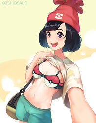  artist_name bad_id bad_pixiv_id bag beanie black_hair bra breasts clothes_lift commentary cowboy_shot female floral_print green_shorts hat koshio lifting_own_clothes looking_at_viewer messenger_bag open_mouth outstretched_arm poke_ball pokemon pokemon_sm reaching reaching_towards_viewer selene_(pokemon) selfie shirt shirt_lift short_hair shorts shoulder_bag small_breasts smile solo t-shirt underwear 