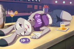  2018 3:2 alcohol anthro bar beverage bottomwear breasts carrot clothed clothing cocktail cocktail_glass container cup deaffinity deannart dipstick_ears disney drinking_glass ear_markings female food fur glass glass_container glass_cup grey_body grey_fur hi_res inside judy_hopps lagomorph leporid looking_at_viewer mammal martini midriff multicolored_ears navel open_mouth plant purple_eyes rabbit seductive shorts solo vegetable zootopia 