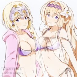  2girls artist_name asymmetrical_docking bikini bikini_under_clothes blonde_hair breast_press breasts commentary english_commentary fate/apocrypha fate/grand_order fate_(series) flower from_side granblue_fantasy groin hair_between_eyes hair_flower hair_ornament headpiece historical_name_connection jeanne_d&#039;arc_(fate) jeanne_d&#039;arc_(granblue_fantasy) jeanne_d&#039;arc_(summer)_(granblue_fantasy) jeanne_d&#039;arc_(white_cruising)_(fate) long_braid long_hair medium_breasts multiple_girls name_connection navel official_alternate_costume purple_eyes roarke_(lavenderincubus) side-tie_bikini_bottom smile swimsuit white_background 