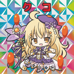  :d ahoge beret bikkuriman bikkuriman_(style) blonde_hair blush boots brown_eyes character_name chibi colorful commentary dress female flower flower_knight_girl full_body hair_between_eyes hair_ornament hat holding holding_staff iridescent knee_boots kuko_(flower_knight_girl) long_hair mini_hat multicolored_background open_mouth outstretched_arm photoshop_(medium) pink_footwear puffy_short_sleeves puffy_sleeves purple_dress purple_flower purple_hat ri-net short_sleeves smile solo staff standing standing_on_one_leg sticker tilted_headwear translated very_long_hair x_hair_ornament 